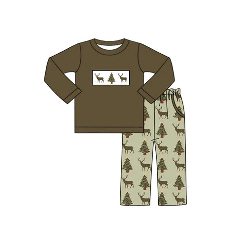 6.14 BLP1075 Baby Boys Olive Short Sleeves Deer Trees Top Pockets Pant Set Preorder