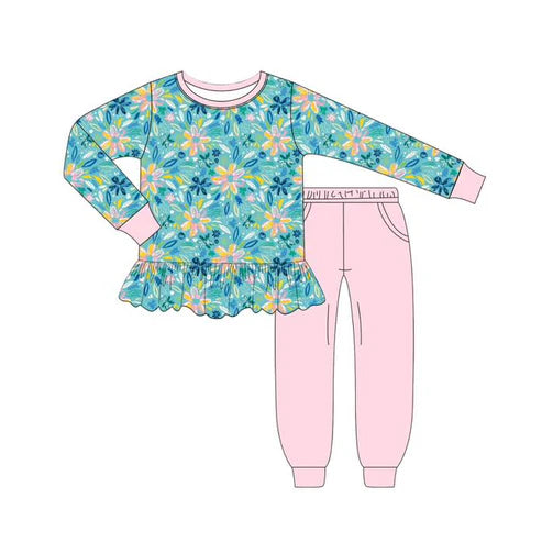 6.7 GLP2405 Baby Girls Long Sleeves Watercolor Floral Tunic Pink Pocket Legging Pant Set Preorder