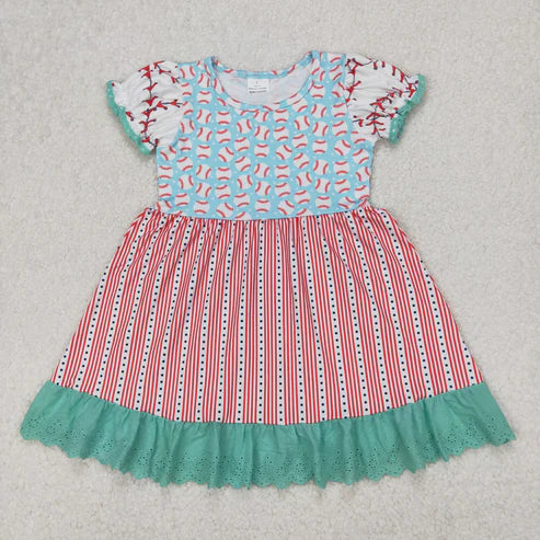 4.1 GSD1749 Baby Girls Baseball Short Sleeve Ruffle Knee Length Dress