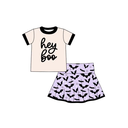 7.28 GSD2772 Baby Girls Light Pink Short Sleeves Hey Boo Top Bats Plaid Skirts Set Preorder