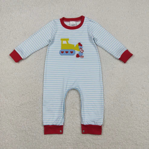 10.27 LR2708 Embroidery Baby Boys Hearts Excavator Blue Stripe Valentine Footie Romper