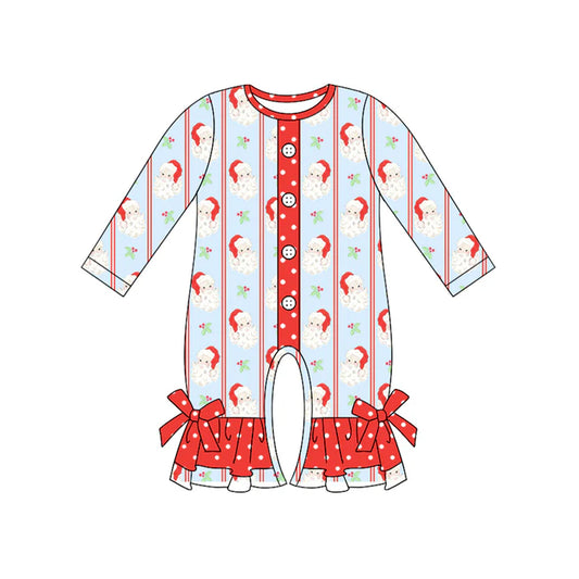 6.16 LR2242 Baby Girls Long Sleeves Red Button Santa Stripe Ruffle Rompers Preorder