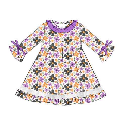 5.21  GLD1039 Baby Girls Long Ruffle Sleeves Lavender Floral Knee Length Dresses Preorder
