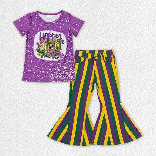 GT0374+P0327 Girls Baby Happy Mardi Gras Shirt Stripes Denim Jeans Pants Clothes Set