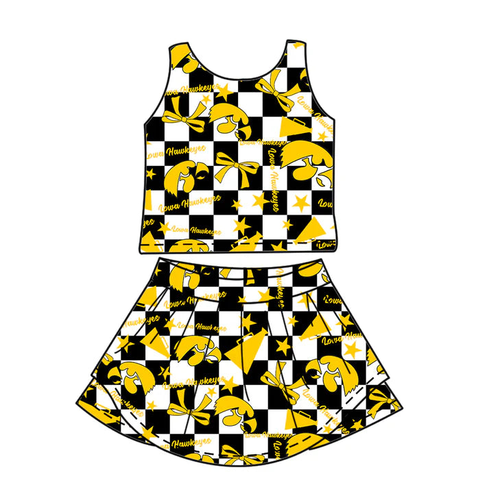 7.8 Custom Moq 3 Baby Girls Sleeveless IOWA Plaid Bows Vest Top Short Skirts Set