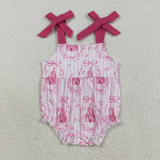 8.21 SR3077 Baby Boys Girls Pink Strap Castles Bows Ruffle Romper