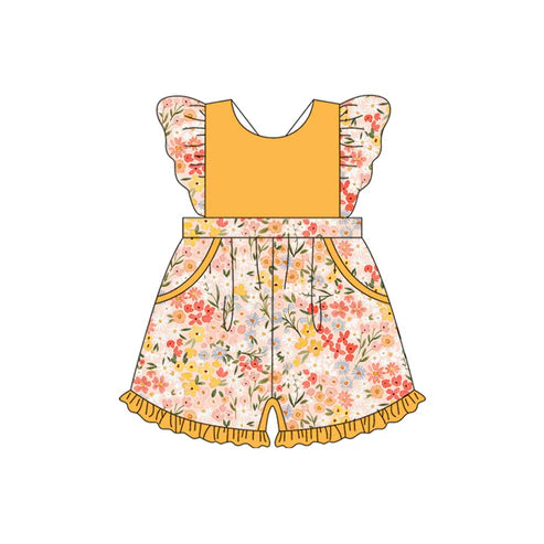4.3 SR3013 Baby Girls Flutter Sleeves Yellow Flowers Pockets Jumpsuits Preorder