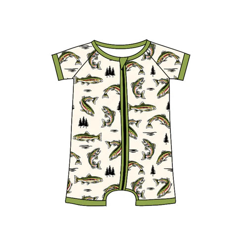 6.18 SR3095 Baby Infant Boys Green Short Sleeves Fishes Zipper Rompers Preorder