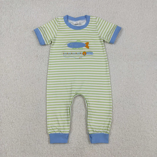 12.8 SR3329 Embroidery Baby Boys Stripe Fishing Hunting Footie Romper