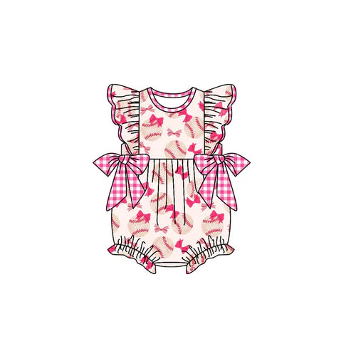 SR2355 Baby Infant Girls Pink Baseball Bows Flutter Sleeve Rompers preorder