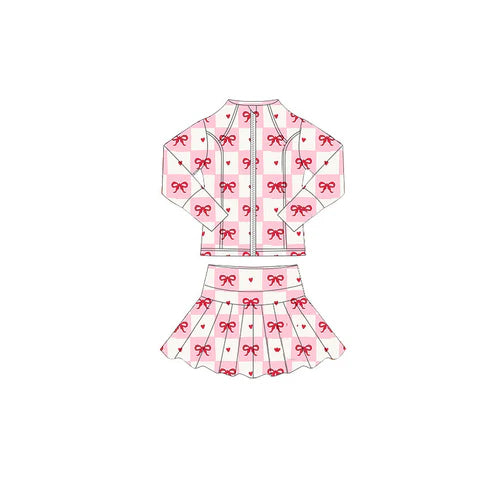 10.27 GLD1389 Baby Girls Pink Bows Hearts Checked Zipper Jacket Skorts Valentine Yoga Clothes Sets Preorder