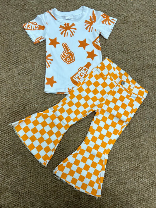8.2 GT1090+P0468 Baby Girls Cheer Orange Shirt Checkered Bell Denim Pants Clothes Set