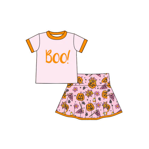7.28 GSD2775 Baby Girls Peach Short Sleeves Boo Top Ghosts Pumpkins Plaid Skirts Set Preorder