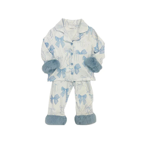 9.2 GLP2766 Baby Girls Blue Bows Plaid Button Pocket Top Pant Fur Pajamas Set Preorder