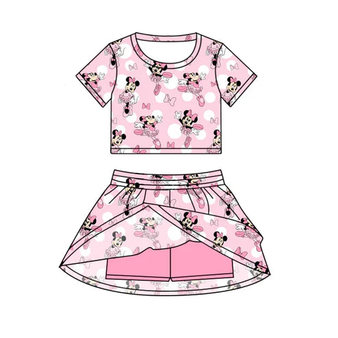 6.24  Custom Moq 3 Baby Girls Pink Mouse Cartoon Top Skirt Skort Sets