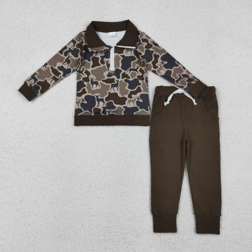 10.25 BLP1270 Baby Boys Brown Deer Camo Zipper Pullovers Pockets Jogger Pant Western Set