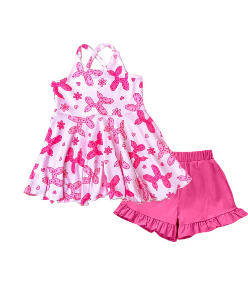 3.28 GSSO2439 Baby Girls Pink Strap Flowers Hearts Dogs Top Ruffle Short Set Preorder
