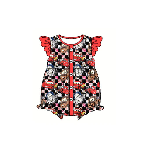 SR2898 Baby Infant Girls Peach Flutter Sleeves Button Black Plaid Cartoon Cars Ruffle Rompers Preorder