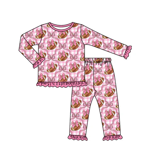 6.27 GLP2535 Baby Girls Long Ruffle Sleeves Bows Footballs Top Pant Pajamas Set Preorder