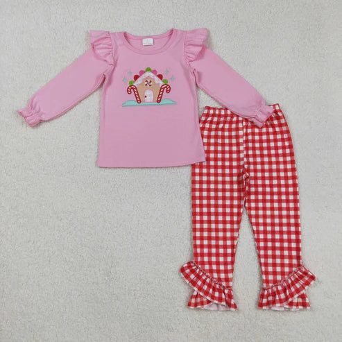 9.10 GLP2523 Embroidery Baby Girls Pink Long Ruffle Sleeves Candy Cane Top Red Plaid Pockets Pant Set