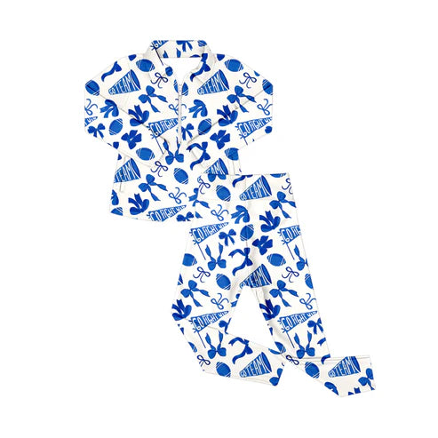 8.29 GLP2761 Baby Girls Blue Bows Footballs Go Teams Pockets Zip Pullovers Leggings Team Yoga Set