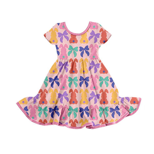 9.29 GSD2834 Baby Girls Colorful Bows Rabbits Easter Ruffle Knee Length Dresses Preorder