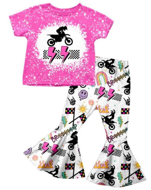 5.8 Girls' Pink Lightning motorcycle short sleeve pants suit