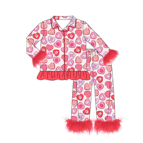 9.29 GLP2915 Baby Girls XOXO Hearts Button Top Pants Valentine Fur Pajamas Sets Preorder