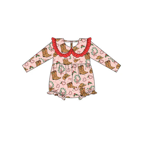 6.27 no moq LR2366 pre-order baby girl clothes Christmas boots long sleeve romper