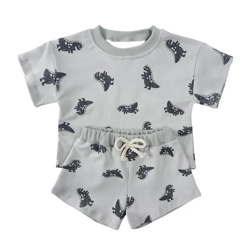 3.22 BSSO1427 Baby Boys Gray Short Sleeves Dinosaurs Top Short Pajamas Set Preorder