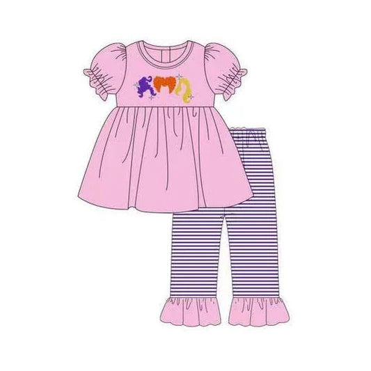 6.12 GSPO2043 Baby Girls Pink Short Ruffle Sleeves Princess Hair Tunic Stripe Ruffle Pant Set Preorder