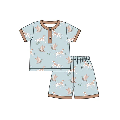3.21 BSSO1421 Baby Boys Blue Short Sleeves Ducks Dogs Button Top Short Pajamas Set Preorder