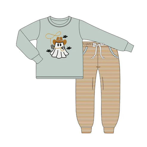 6.7 BLP1080 Baby Boys Green Long Sleeves Ghost Top Stripe Pockets Legging Pant Set Preorder
