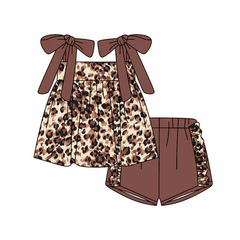 3.19  GSSO2352 Baby Girls Brown Bows Strap Leopard Tunic Ruffle Short Set preorder