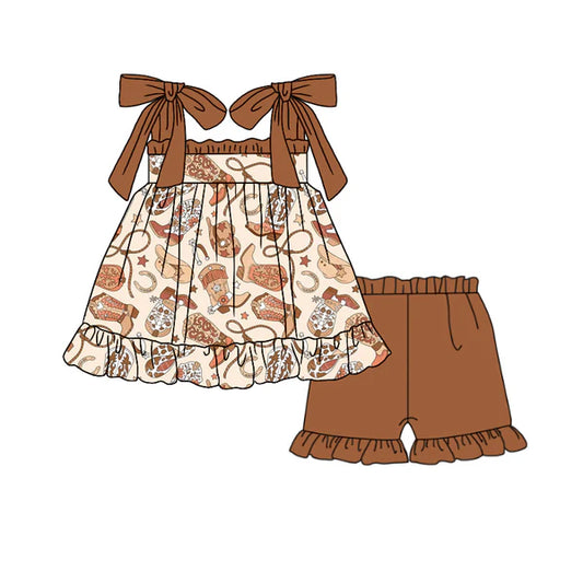 L-3.6 GSSO2144 Baby Girls Western Boots Tunic Top Ruffle Shorts Clothes Sets Preorder