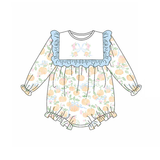 6.12 LR2256 Baby Girls Long Sleeves Pumpkins Bows Plaid Ruffle Rompers Preorder