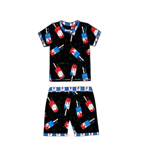 3.19 BSSO1401 Baby Boys Black Short Sleeves Popsicle Shirt Shorts 4th Of July Pajamas Sets preorder