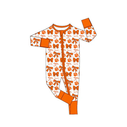 9.6 Custom Moq 5 Baby Girls Orange Clemson Bows Zipper Footie Rompers