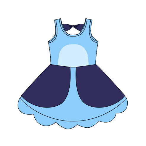 4.24   GSD2515 Baby Girls Sleeveless Blue Cartoon Dogs Knee Length Dress Preorder