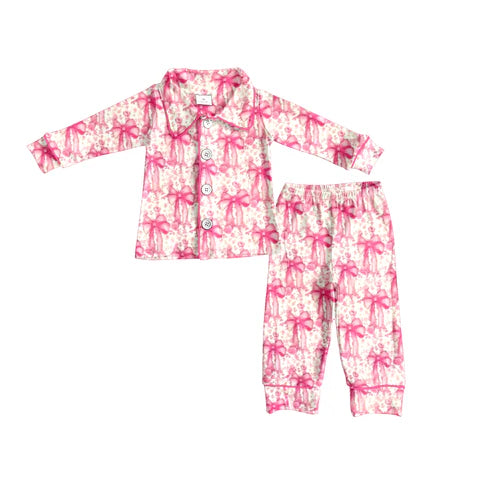 8.8 GLP2668 Baby Girls Pink Bows Plaid Button Top Pant Pajamas Set Preorder