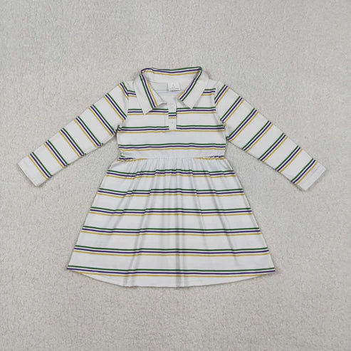 10.30 GLD1331 Baby Girls Pink Yellow Green Stripes Button Mardigras Knee Length Dress
