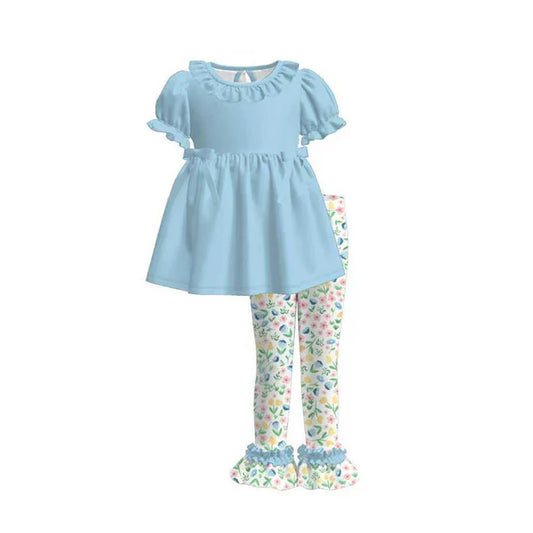 12.2 MOQ：5pcs GSPO2225 pre-order toddler girl clothes blue floral print girl spring set