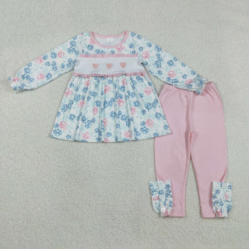 12.3 GLP2975 Embroidery Hearts Baby Girls Flowers Tunic Leggings Valentines Clothes Set