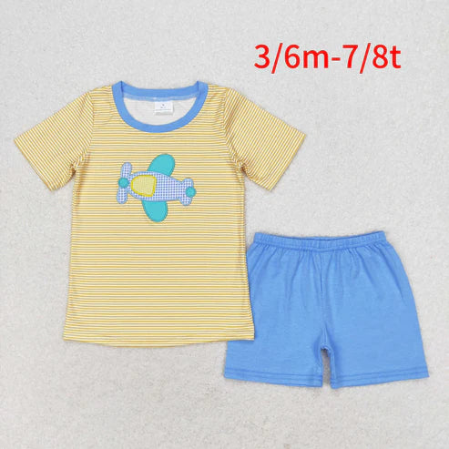 BSSO0724 Embroidery Aircraft Stripe Yellow Short Sleeve Blue Shorts Suit