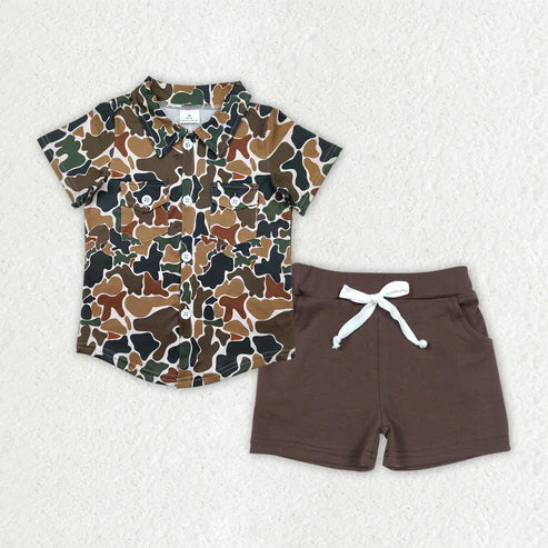4.19 BT1200+SS0134 Baby Boys Bottomland Camo Button Pockets Shirts Top Brown Cotton Shorts Sets