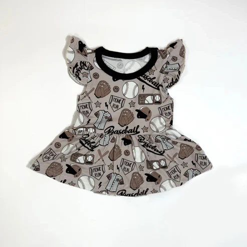 10.24 GSD2925 Baby Girls Flutter Sleeve Baseballs Team Ruffle Knee Length Dresses Preorder