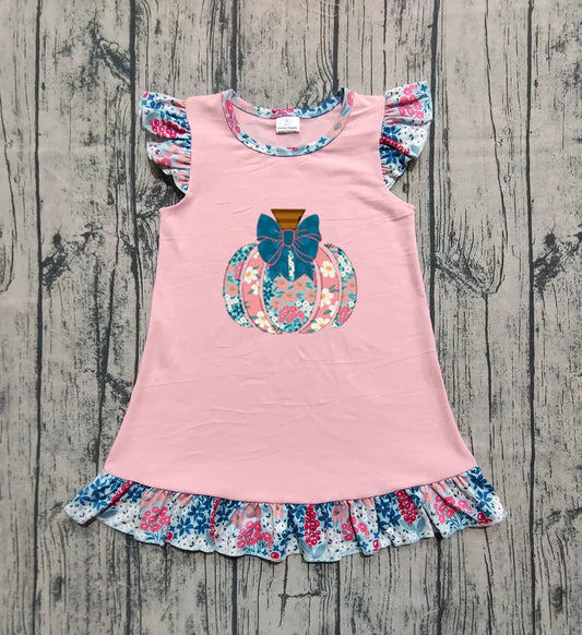 6.16 GSD2585 Baby Girls Pink Flutter Sleeves Floral Pumpkin Ruffle Knee Length Dresses Preorder