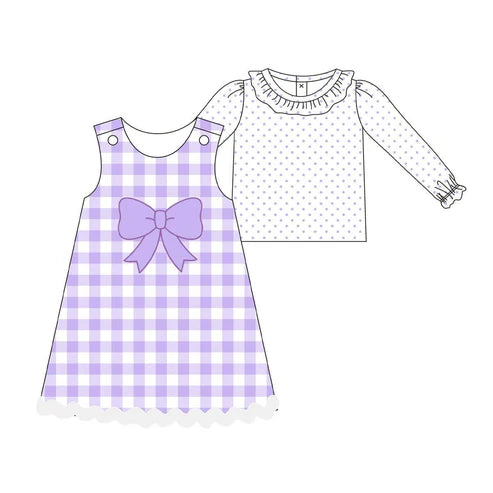 10.2 GLD1358 Baby Girls Purple Polka Dots Top Checked Knee Length Dress 2 Piece Clothes Sets Preorder