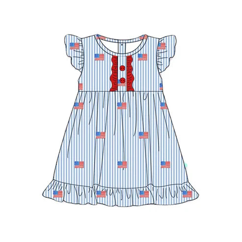 3.20 GSD2196 Baby Girls Stripe Flutter Sleeves Button Flags 4th Of July Knee Length Dresses Preorder