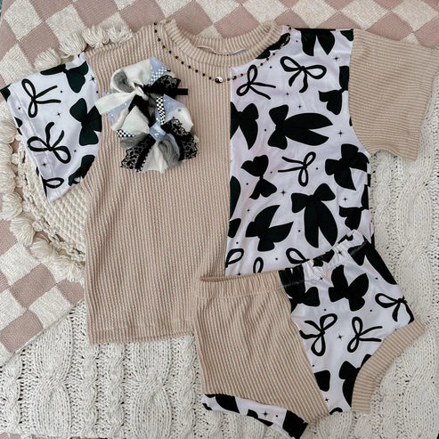 3.25 GBO0474 Baby Girls Khaki Short Sleeves Black Bows Top Bummies Set Preorder